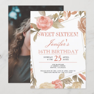 Dusty Rose Peach Cream Floral 16 . Geburtstag FOTO Einladung