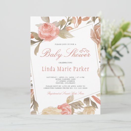 Dusty Rose Peach Cream Floral Baby Dusche Einladung (Stehend Vorderseite)