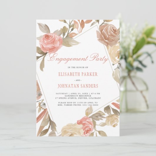 Dusty Rose Peach Cream Floral Engagement Party Einladung (Stehend Vorderseite)