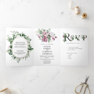 Dusty Rose Peonies Greenerity Wedding   Dreifach Gefaltete Einladung