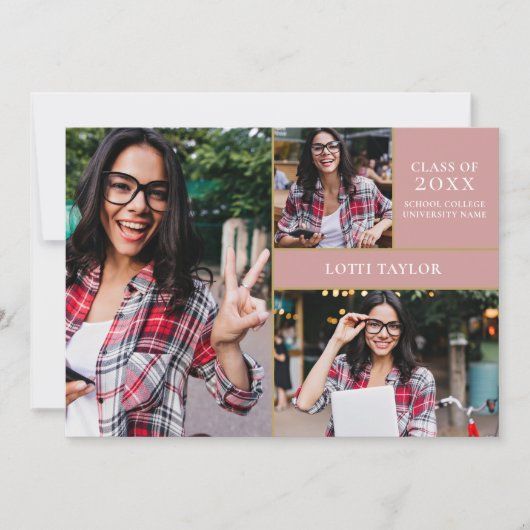 Dusty Rose Pink 3 Foto Gold Graduation Party Invi Einladung (Vorderseite)