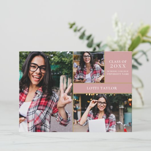 Dusty Rose Pink 3 Foto Gold Graduation Party Invi Einladung (Stehend Vorderseite)