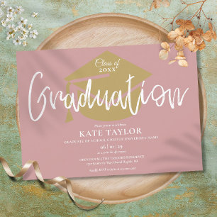 Dusty Rose Pink and Gold Script Graduation Party Einladung
