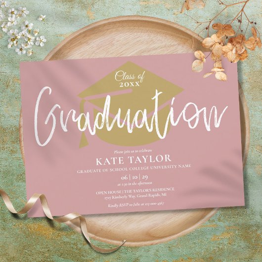 Dusty Rose Pink and Gold Script Graduation Party Einladung