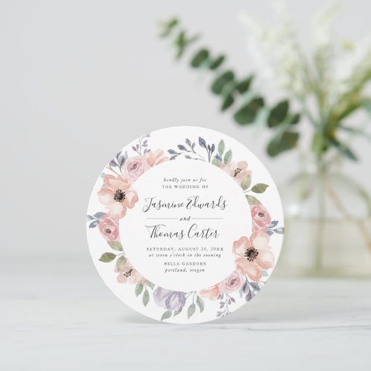 Dusty Rose Pink Aquarell Floral | Circle Wedding Einladung (Stehend Vorderseite)