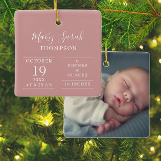 Dusty Rose Pink Baby Girl Birth Stats Foto Keramikornament
