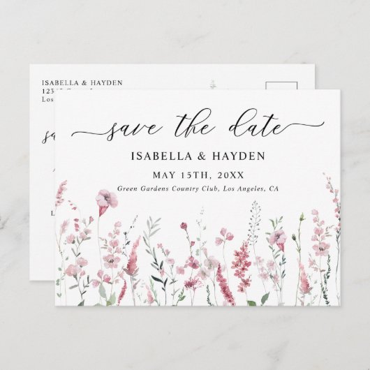 Dusty Rose Pink Blush Wilde Blume Save the Date Ankündigungspostkarte (Vorne/Hinten)