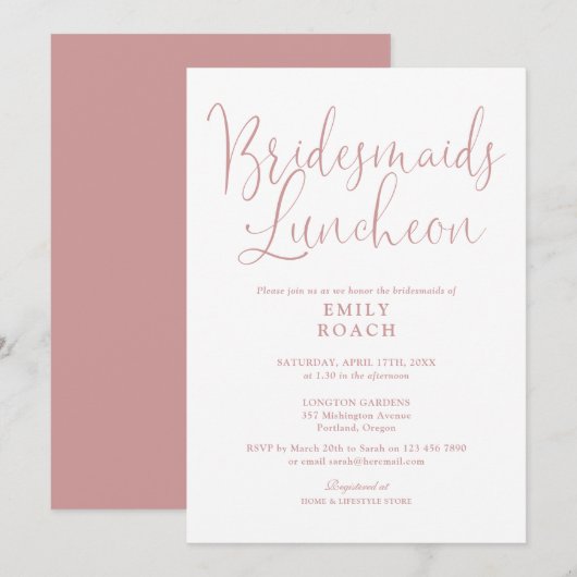 Dusty Rose Pink Elegant Bridesmaids Luncheon Einladung (Vorne/Hinten)