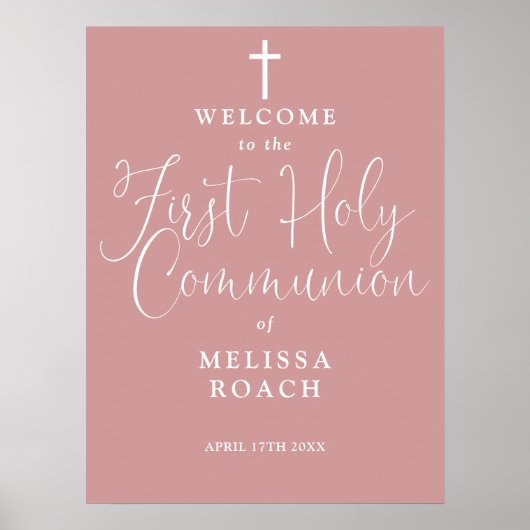 Dusty Rose Pink Erste Heilige Kommune Begrüßungsze Poster (Vorne)