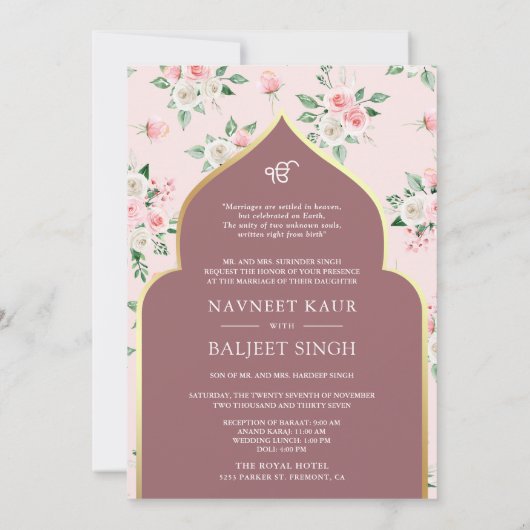 Dusty Rose Pink Floral Anand Karaj Sikh Wedding Einladung (Rückseite)