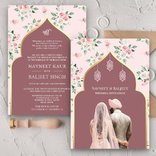Dusty Rose Pink Floral Anand Karaj Sikh Wedding Einladung