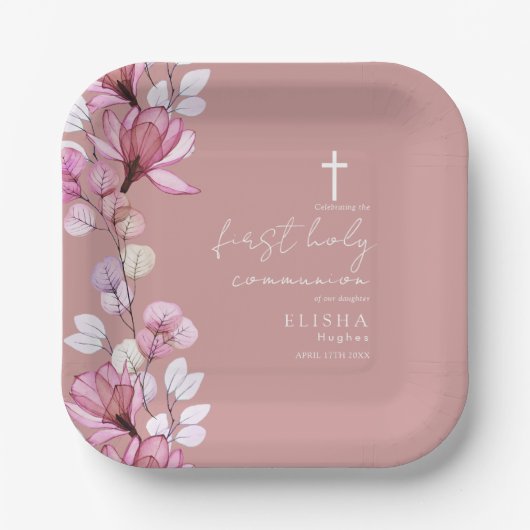 Dusty Rose Pink Floral Erste Heilige Kommune Pappteller (Vorderseite)