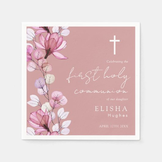 Dusty Rose Pink Floral Erste Heilige Kommune Serviette (Vorderseite)