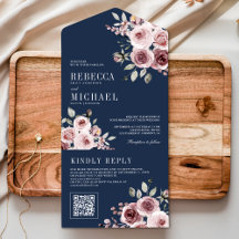 Dusty Rose Pink Floral Navy Blue QR Code Hochzeit