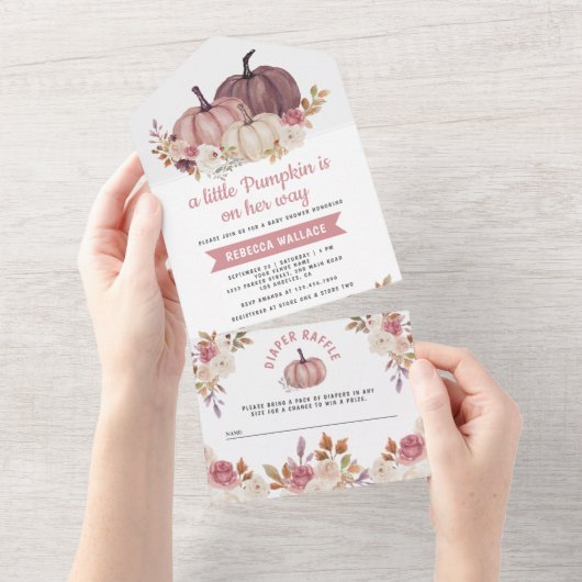 Dusty Rose Pink Floral Pumpkin Baby Dusche All In One Einladung (Abreißen)