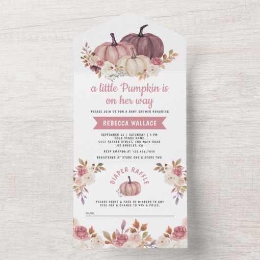 Dusty Rose Pink Floral Pumpkin Baby Dusche All In One Einladung (Innen Boden)