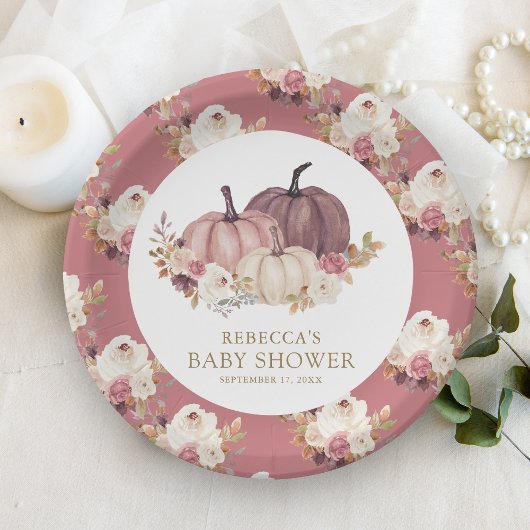Dusty Rose Pink Floral Pumpkin Baby Dusche Pappteller