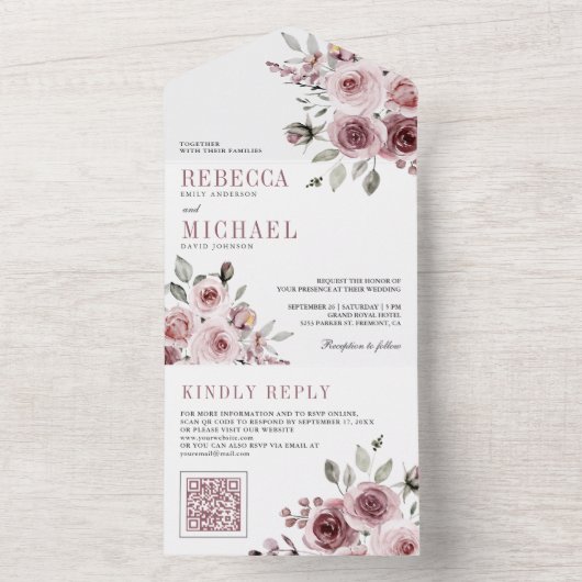 Dusty Rose Pink Floral QR Code Hochzeit All In One Einladung (Innen Boden)