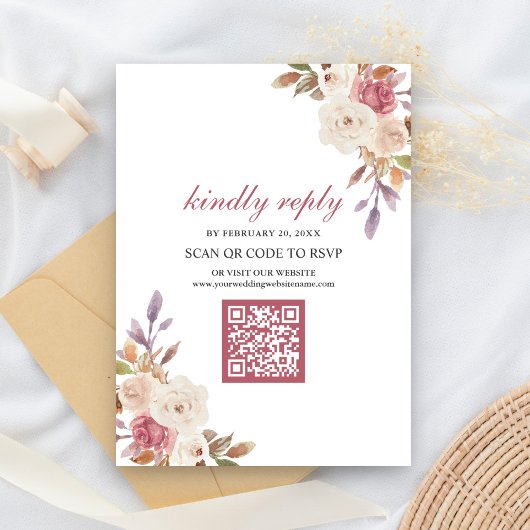 Dusty Rose Pink Floral QR Code UAWG Wedding Begleitkarte