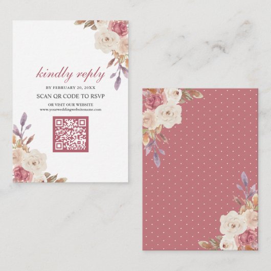 Dusty Rose Pink Floral QR Code UAWG Wedding Begleitkarte (Vorne/Hinten)