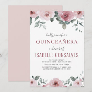 Dusty Rose Pink Floral QUINCEAÑERA Feier  Einladung