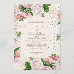 Dusty Rose Pink Floral Silver Glitzer Hochzeit Einladung