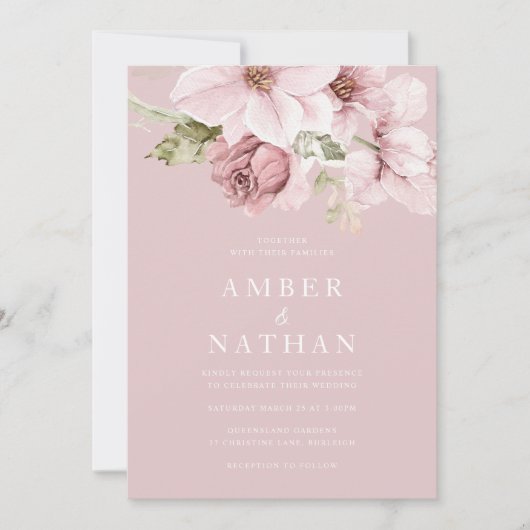 Dusty Rose Pink Floral Wasserfarbe Elegante Hochze Einladung (Vorderseite)