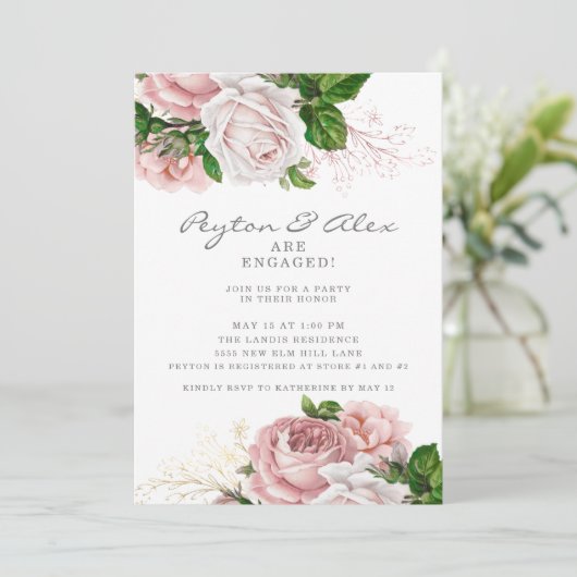 Dusty Rose Pink Floral White Engagement Party Einladung (Stehend Vorderseite)