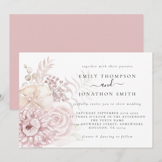 Dusty Rose Pink Florals Einladung Hochzeit (Vorne/Hinten)
