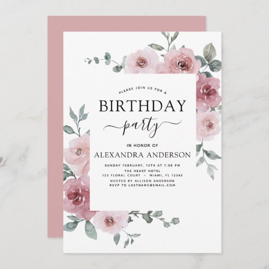 Dusty Rose Pink Geburtstagsparty Blumenladen Einladung (Vorne/Hinten)