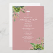 Dusty Rose Pink Greenery Monogram Confirmation Einladung (Vorne/Hinten)