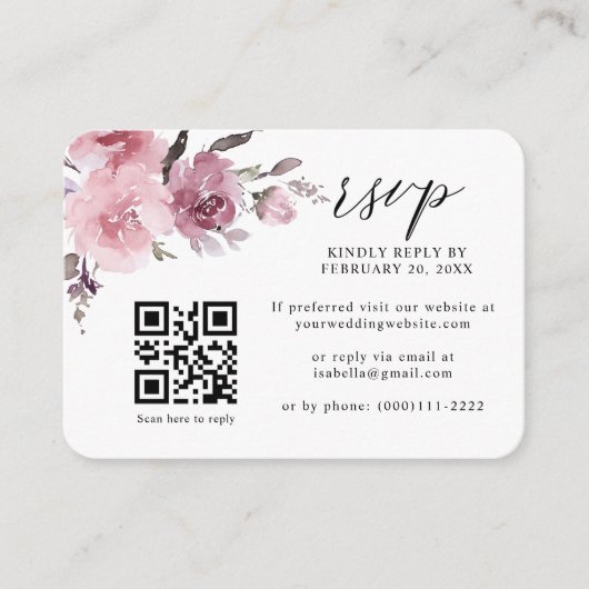 Dusty Rose Pink Pastel Floral QR Code Wedding RSVP Begleitkarte (Vorderseite)