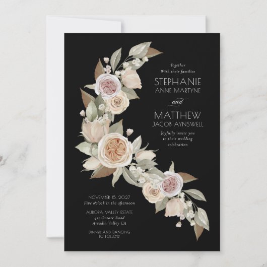 Dusty Rose Pink Peach Schwarzer Blütenhochzeit Einladung (Vorderseite)