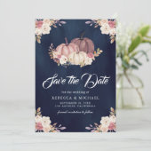 Dusty Rose Pink Pumpkin Floral Navy Blue Wedding Save The Date (Stehend Vorderseite)