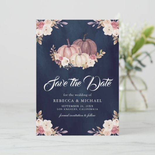 Dusty Rose Pink Pumpkin Floral Navy Blue Wedding Save The Date (Stehend Vorderseite)