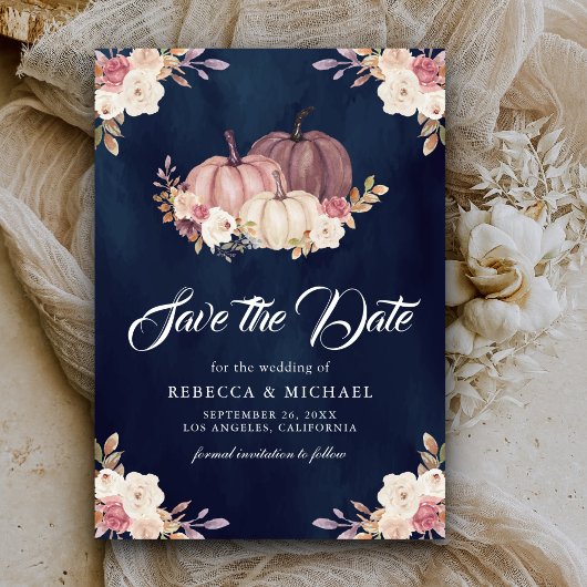 Dusty Rose Pink Pumpkin Floral Navy Blue Wedding Save The Date