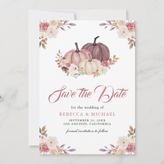 Dusty Rose Pink Pumpkin Floral Wedding Save The Date (Vorderseite)