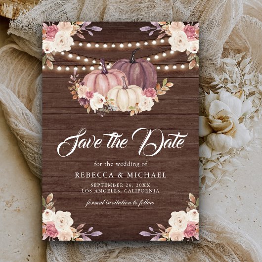 Dusty Rose Pink Pumpkin Floral Wood Wedding Save The Date
