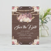Dusty Rose Pink Pumpkin Floral Wood Wedding Save The Date (Stehend Vorderseite)