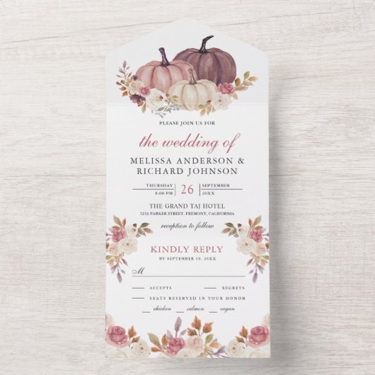 Dusty Rose Pink Pumpkin und Elfenbein Blumenhochze All In One Einladung (Innen Boden)