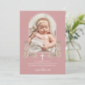 Dusty Rose Pink Taufe Grüne Arche Foto Dankeskarte (Stehend Vorderseite)
