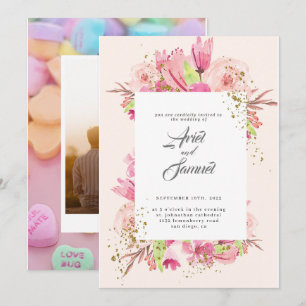 Dusty Rose Pink und Gold Blumengrün Hochzeit Einladung