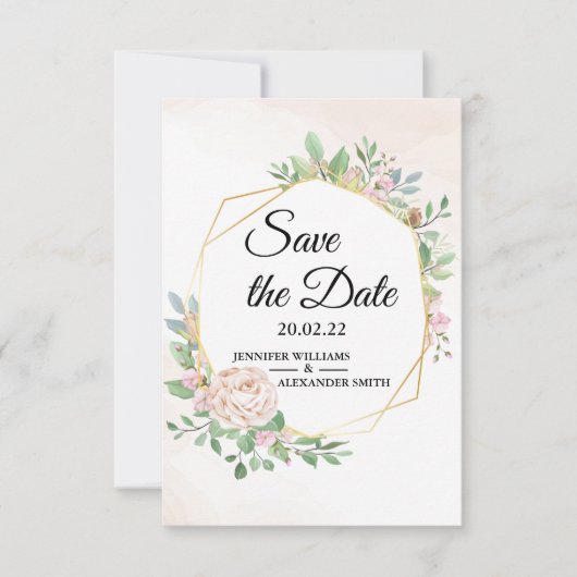 Dusty Rose Pink und Gold Blumengrün Hochzeit Save The Date (Vorderseite)