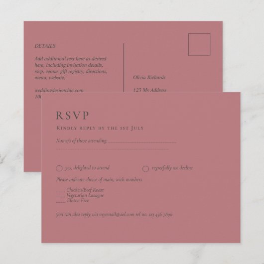 Dusty Rose Pink Wedding Postkarte (Vorne/Hinten)