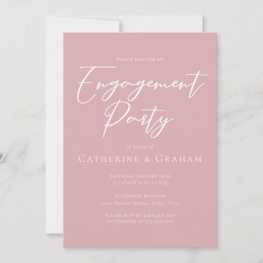 Dusty Rose Pink White Script Engagement Party Einladung (Vorderseite)