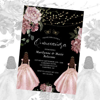 Dusty Rose Princess Floral Twins Quinceañera Einladung
