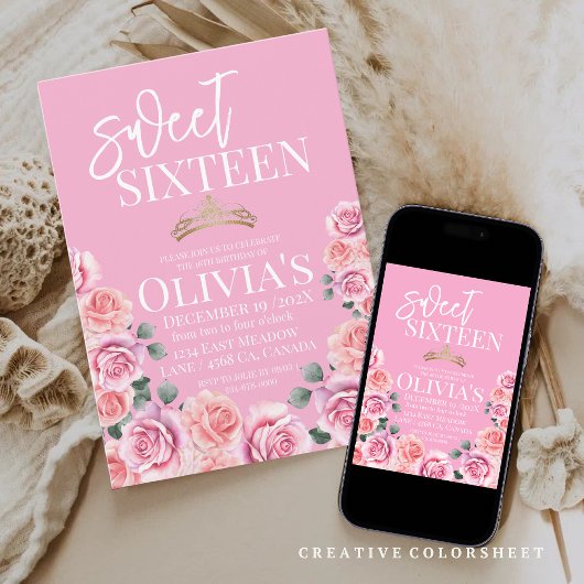 Dusty Rose Princess Tiara Glitzer Sweet 16 Einladung