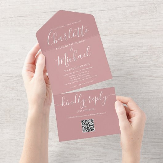 Dusty Rose QR Code Skript Minimalistische Hochzeit All In One Einladung (Abreißen)