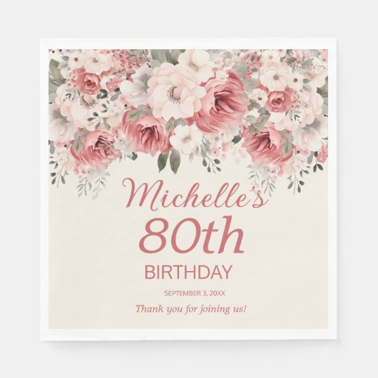 Dusty Rose Red Cream Watercolor Floral 80. Serviette (Vorderseite)