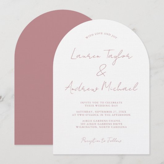 Dusty Rose Romantic Modern Arch Wedding Einladung (Vorne/Hinten)